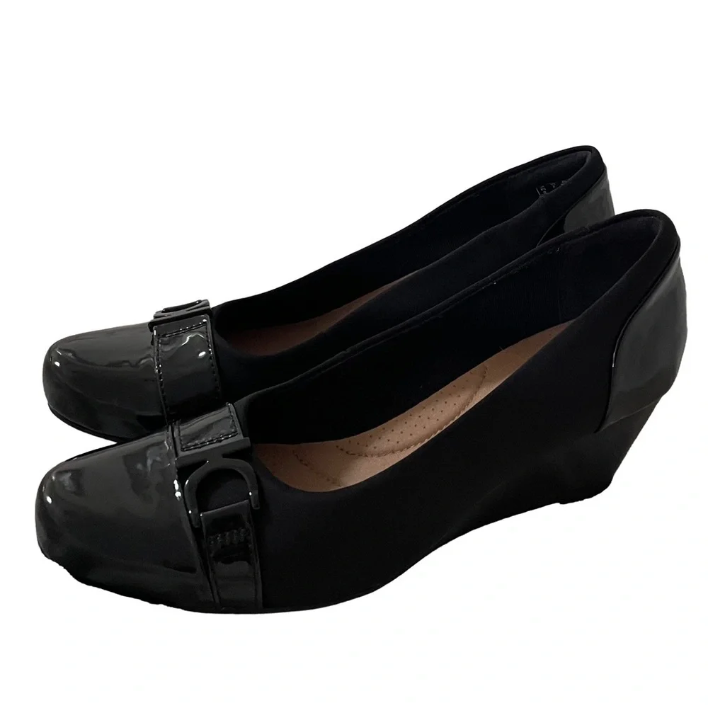 Clarks Black Wedge Pump with Patent Accent